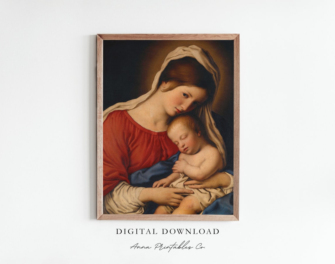 Antique Madonna And Child Painting Vintage Christmas Wall Art Baroque Fine Art Print Mary And Baby Jesus Holiday Artwork