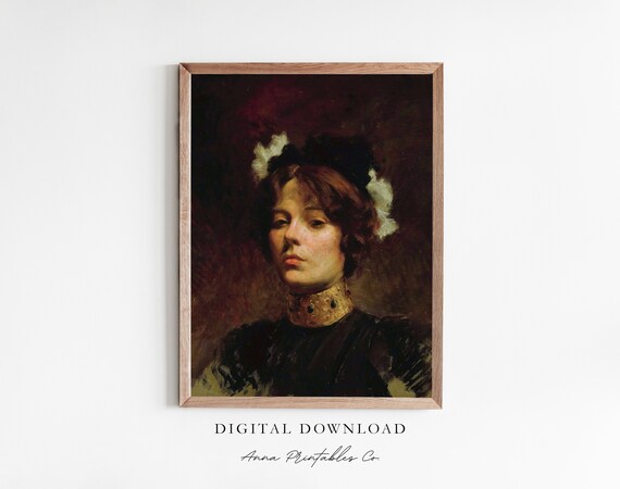 Woman with Jeweled Collar Vintage Moody Portrait Antique Oil Painting Poster