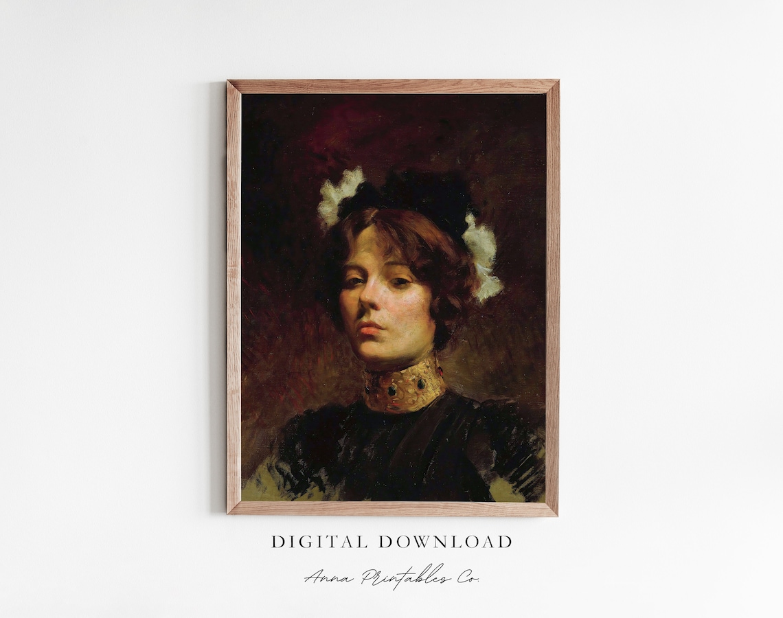Woman with Jeweled Collar Vintage Moody Portrait Antique Oil Painting Poster