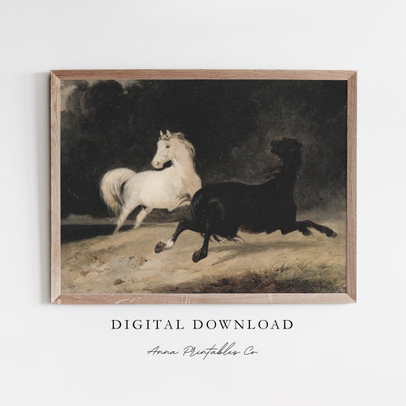 Horses In A Thunderstorm Antique Equestrian Painting For Dark Academia Wall Art Moody Animal Artwork Decor