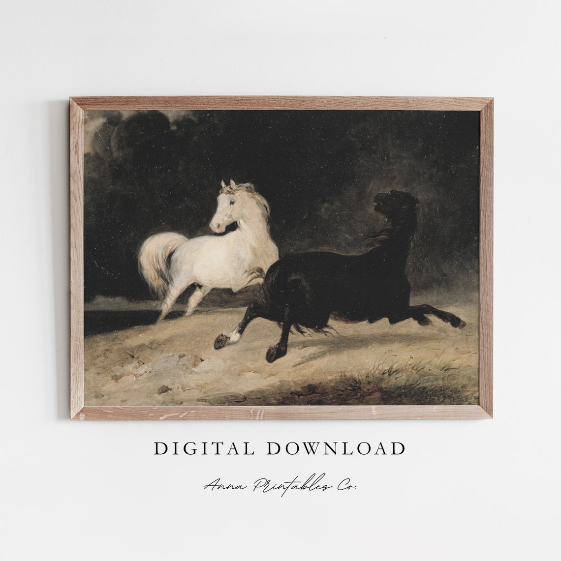 Black and White Horses Galloping at Night Dramatic Painting Print