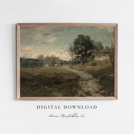 Village Path Antique Cottage Town Painting For Vintage Moody Landscape Wall Art Farmhouse Decor Prints