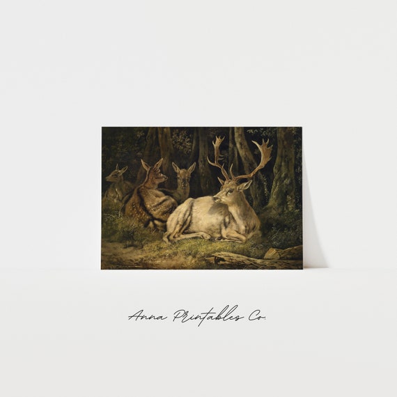 Antique Deer Painting, Victorian Vintage Forest Art
