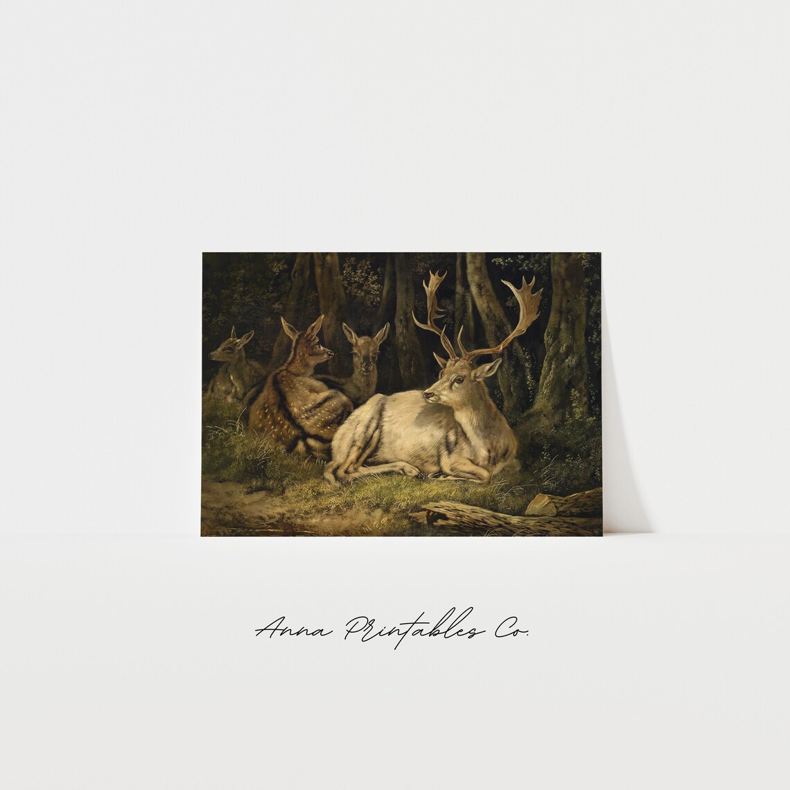 Antique Deer Painting, Victorian Vintage Forest Art