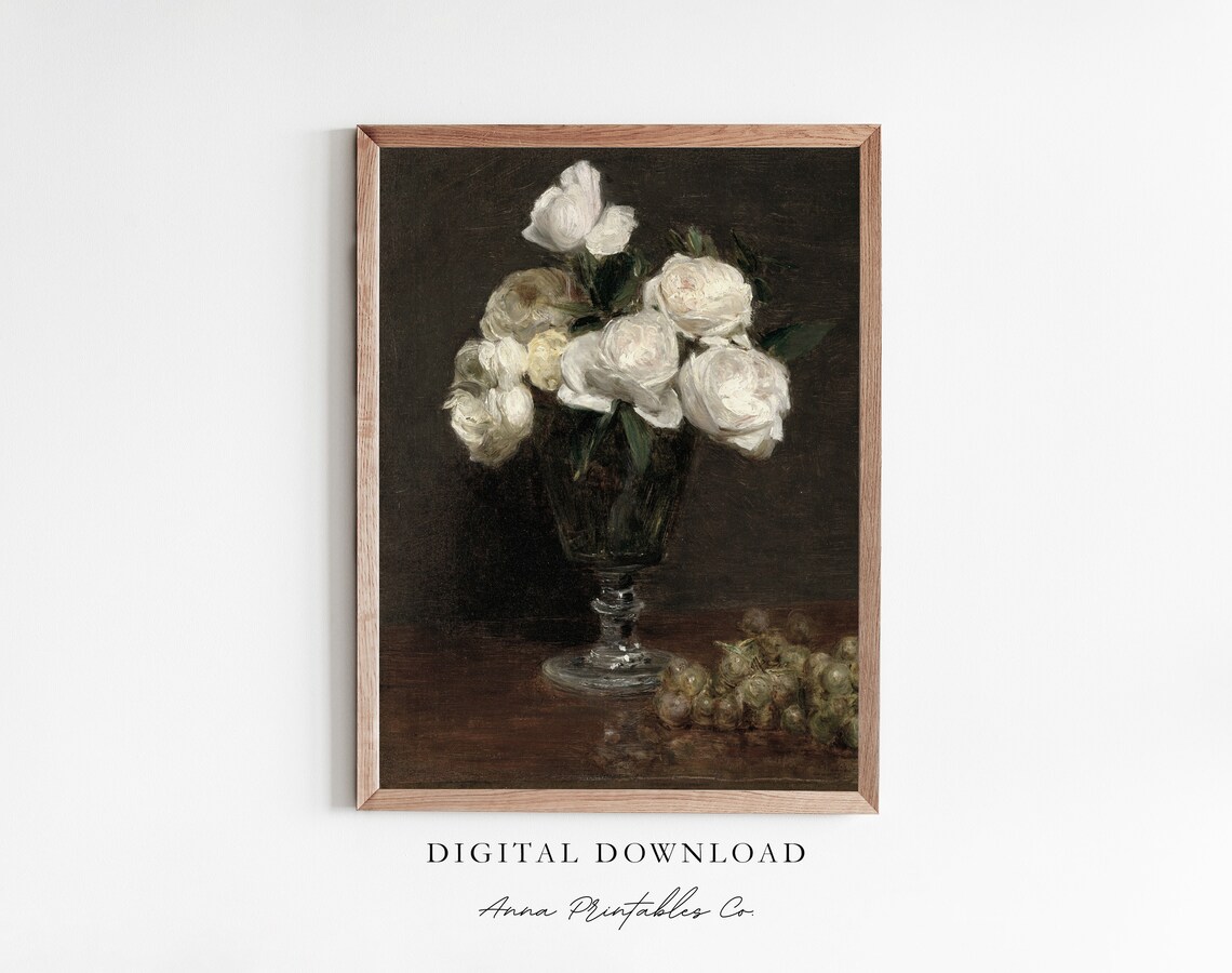 White Roses Glass Vase Still Life Classic Dark Moody Art Poster