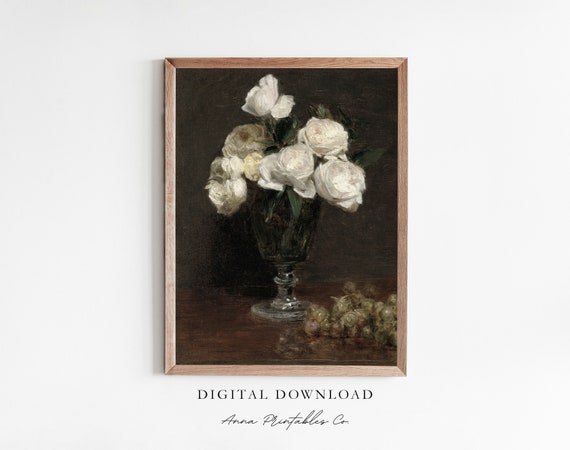 Still Life With Roses And Grapes Antique Moody Floral Painting For Dark Academia Vintage Kitchen Wall Art
