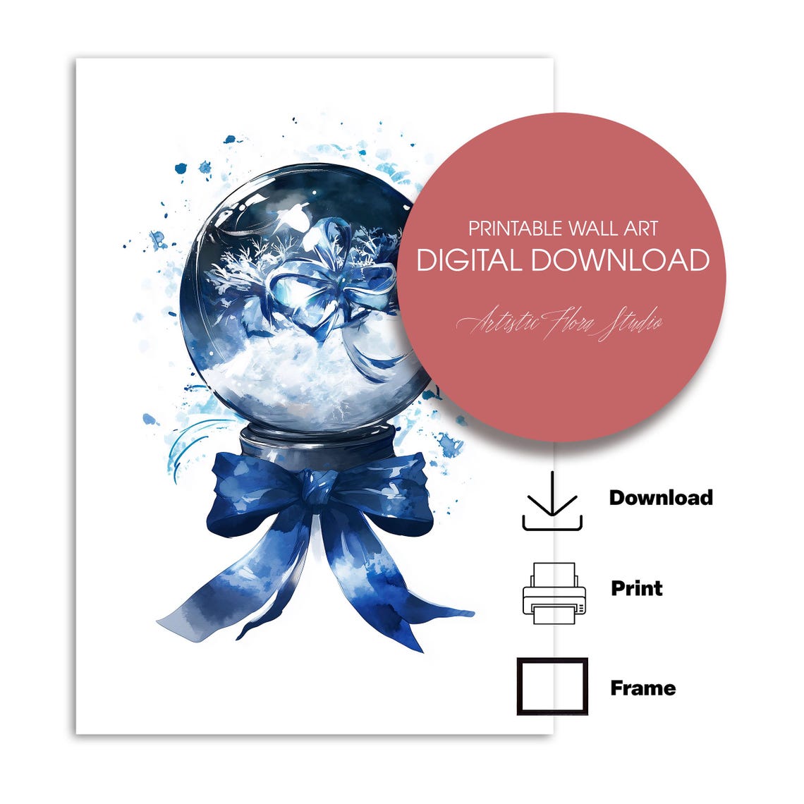 Blue Watercolor Snow Globe With Bow Winter Christmas Art Poster - Image 5