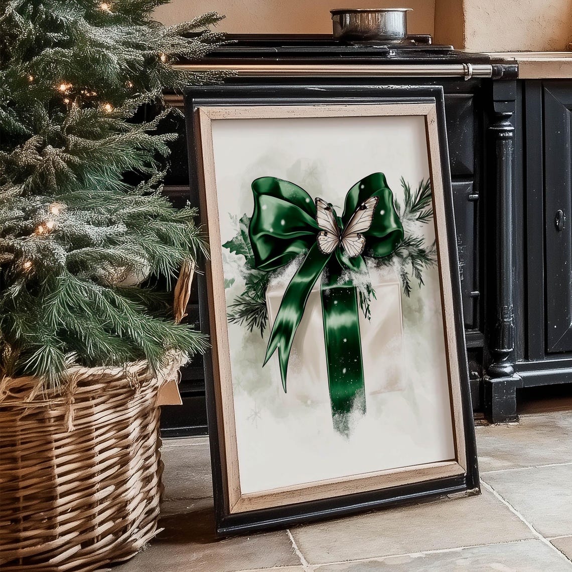 Emerald Green Bow Christmas Gift Box With Butterfly Art Poster - Image 3