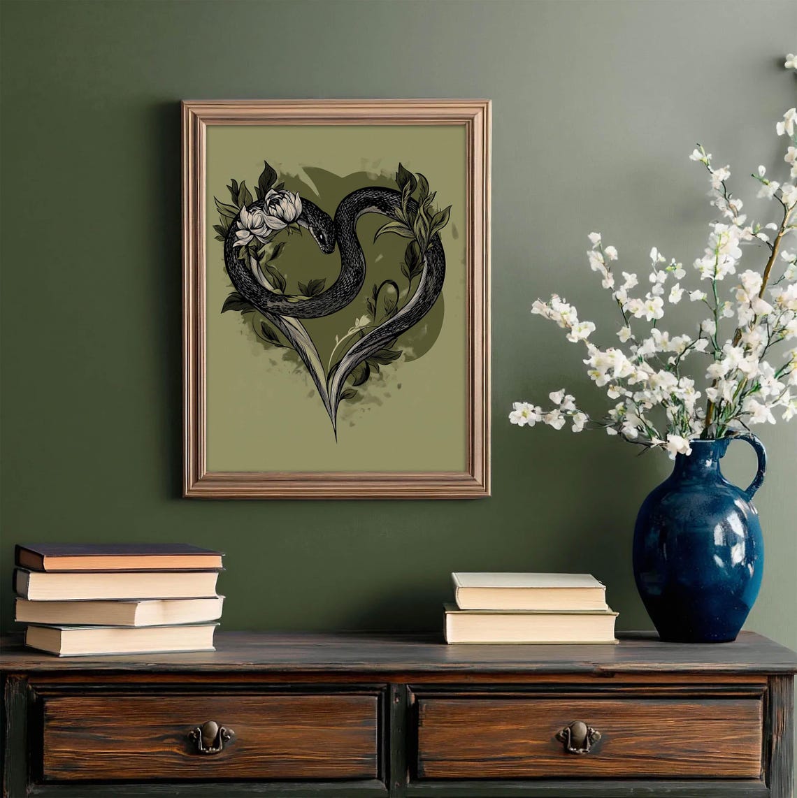 Black Snake Heart Coiled Peony Flowers Sage Green Decor Poster - Image 2