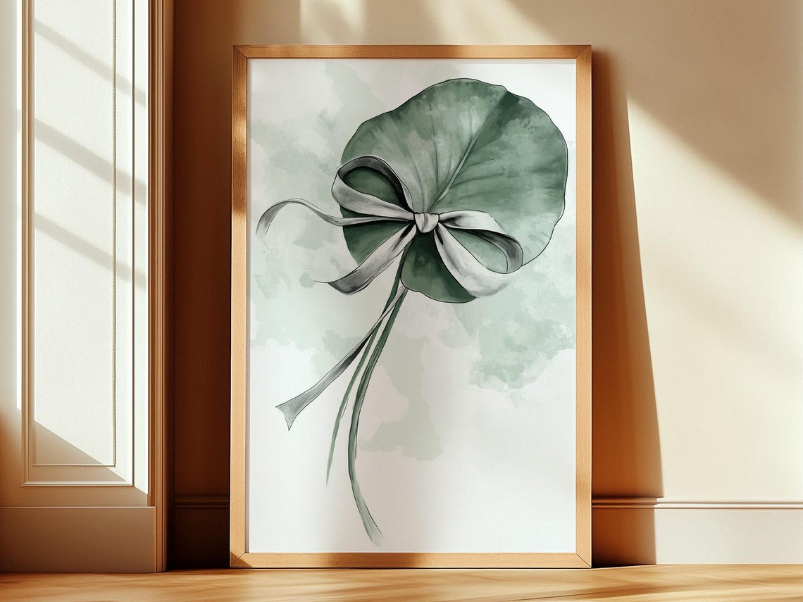 Water Lily Leaf with Gray Ribbon Sage Green Botanical Decor Poster