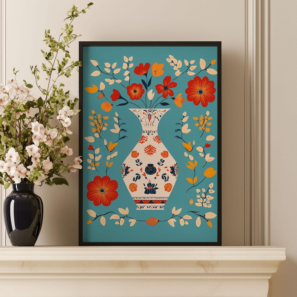 Folk Art Floral Vase Red Orange Flowers Teal Background Poster - Image 3