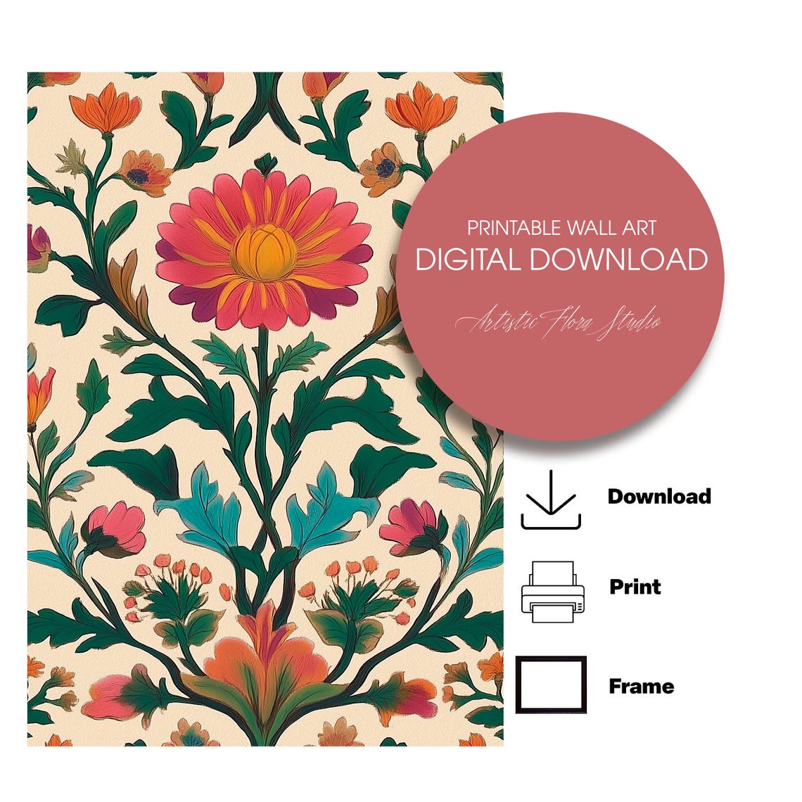Colorful Indian Folk Floral Pattern Art Printable Design Poster