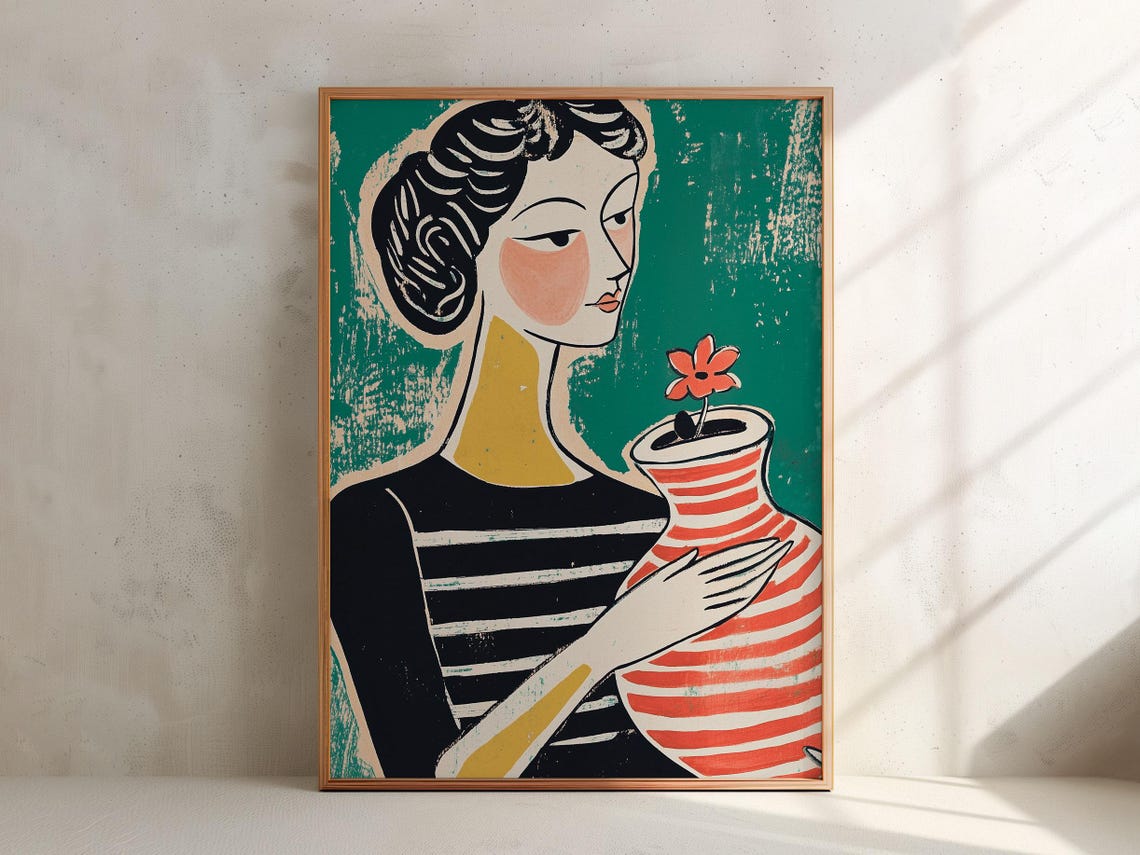 Woman In Breton Stripe Top Holding Coral Striped Flower Vase Poster