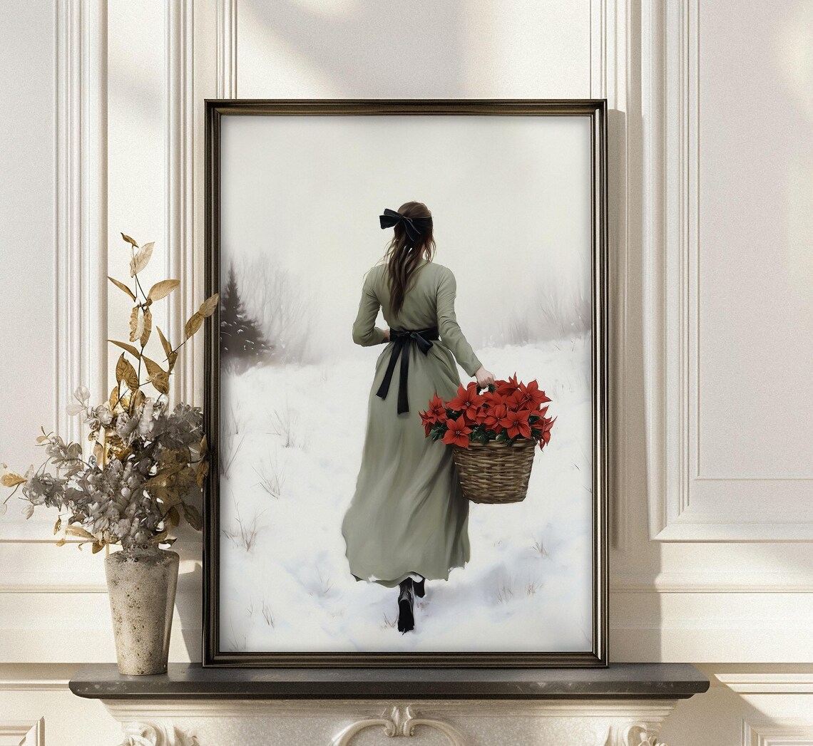 Woman Walking Through Snow With Basket of Red Poinsettias Poster - Image 4