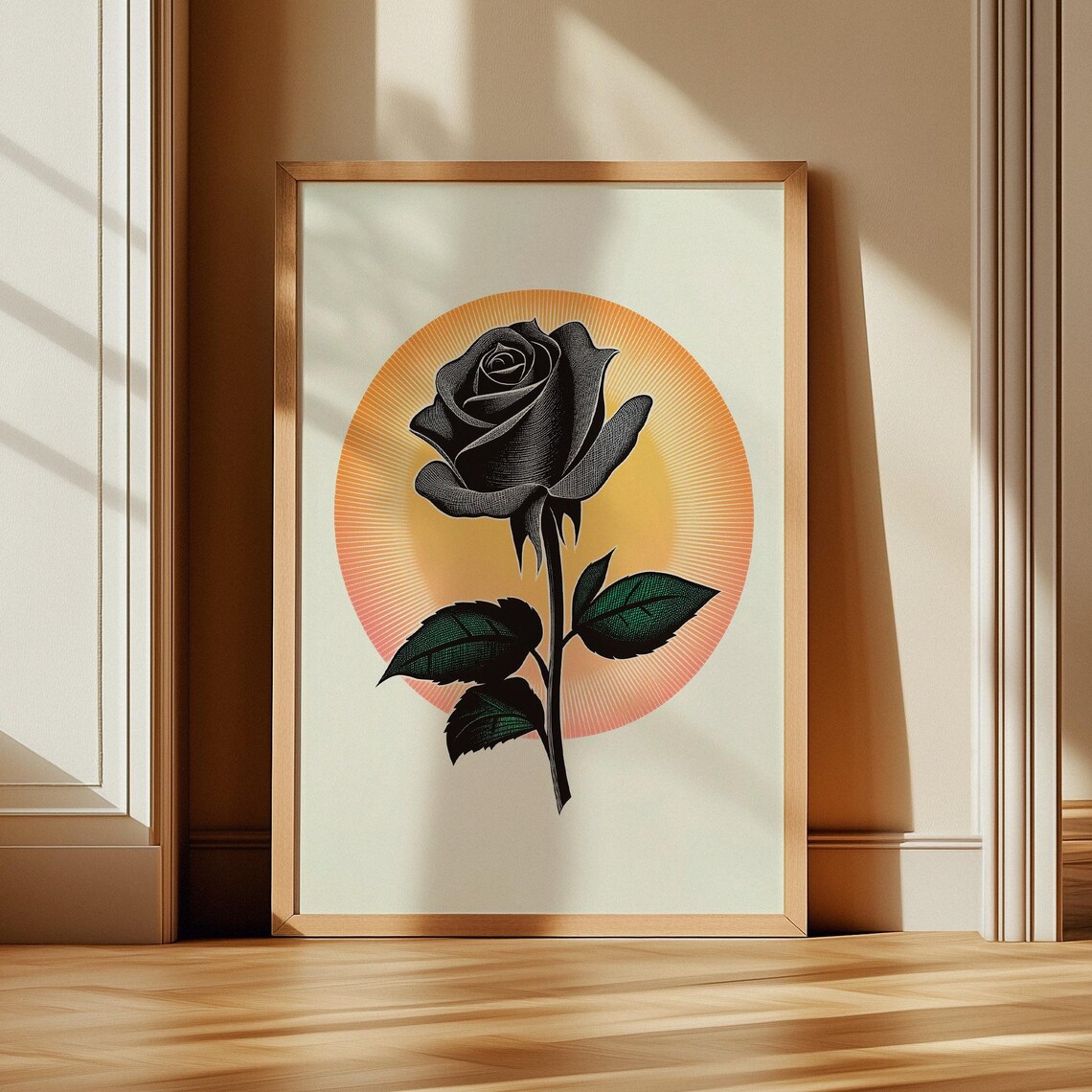 Black Rose Orange Sunburst Retro Botanical Floral Graphic Poster