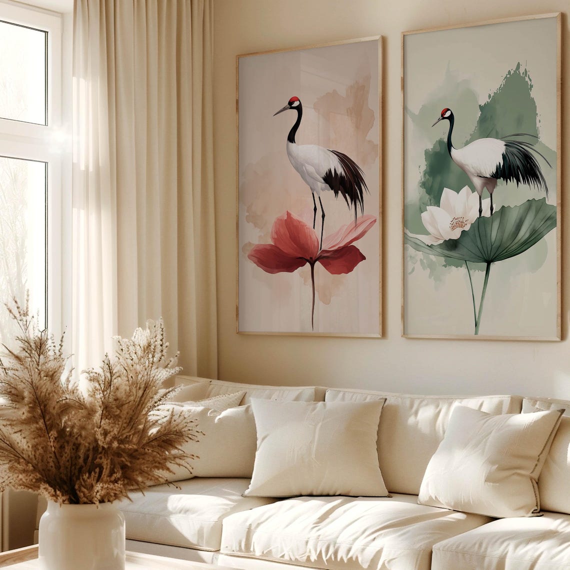 Red Crowned Crane on Lotus Japanese Watercolor Style Art Poster - Image 2