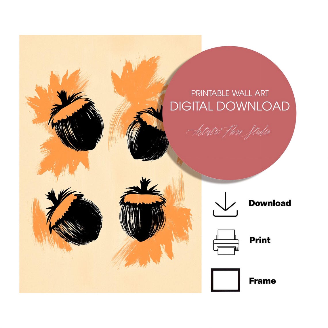 Abstract Acorn Sketch Set Orange Brushstroke Minimalist Art Poster - Image 3