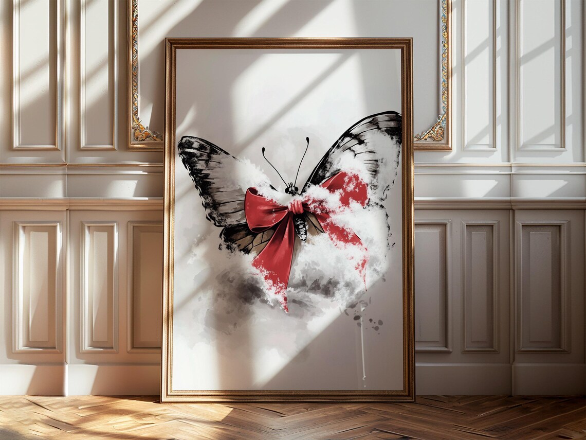 Butterfly With Red Bow Dusting Of Snow Winter Watercolor Art Poster