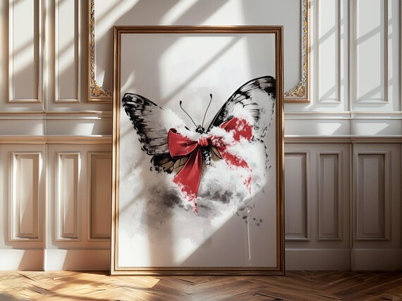 Butterfly With Red Bow Dusting Of Snow Winter Watercolor Art Poster