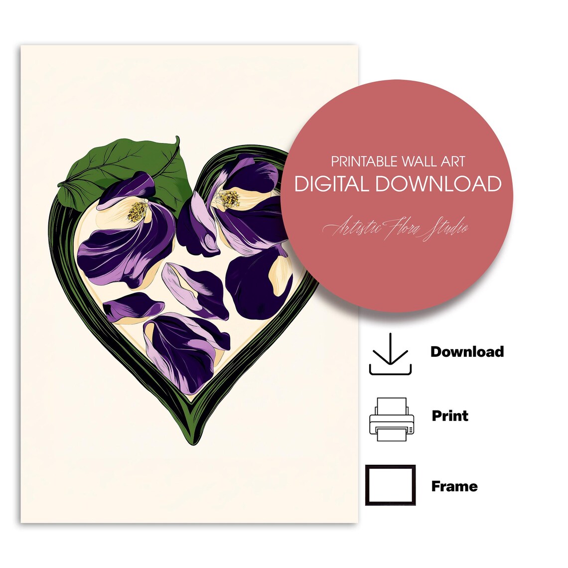 Purple Petal Heart Flower Shape Modern Boho Floral Art Poster - Image 2