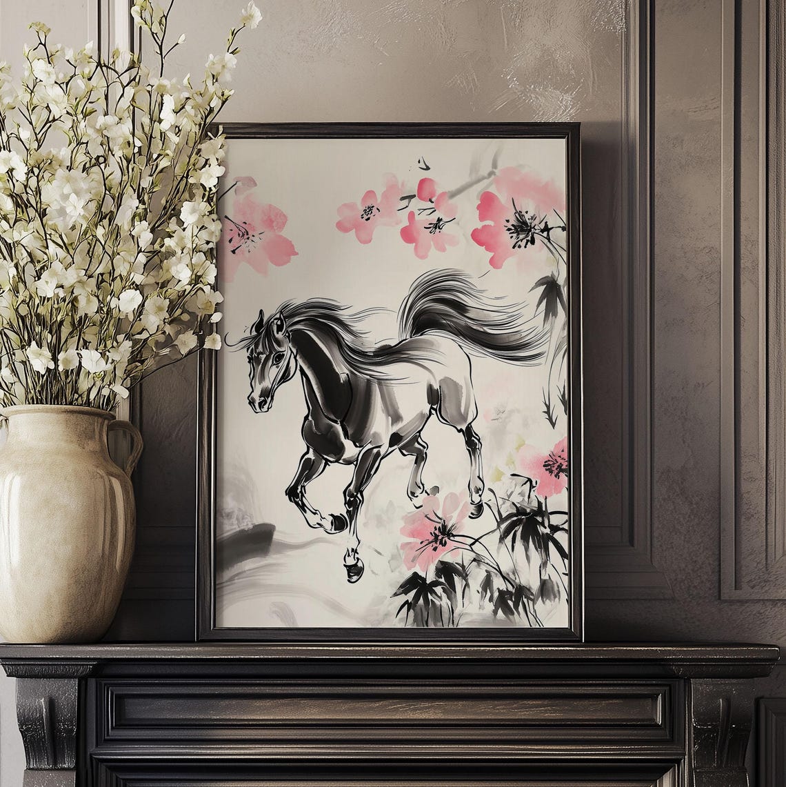 Galloping Horse Cherry Blossom Asian Ink Wash Painting Poster - Image 4
