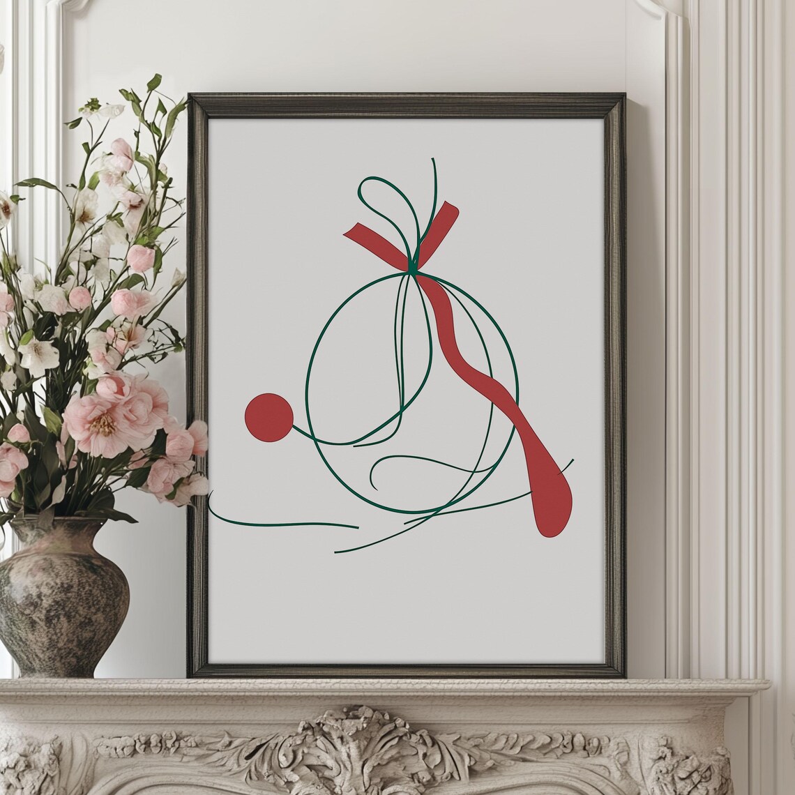 Minimalist Line Art Christmas Bauble With Red Ribbon Card Poster - Image 4
