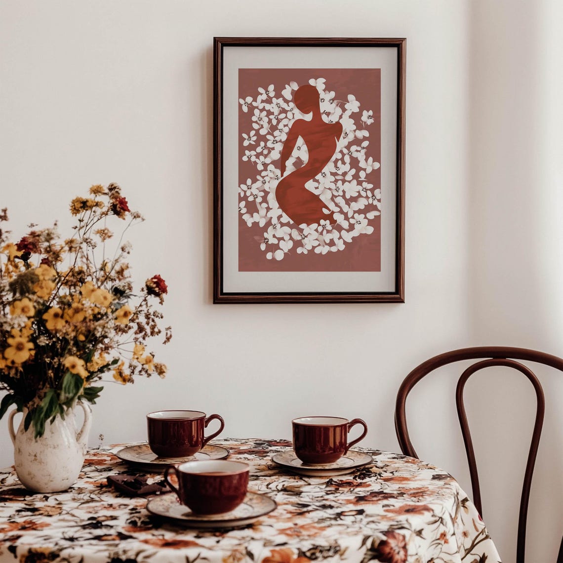 Red Woman Silhouette Surrounded By White Blossoms Dusty Rose Poster - Image 3
