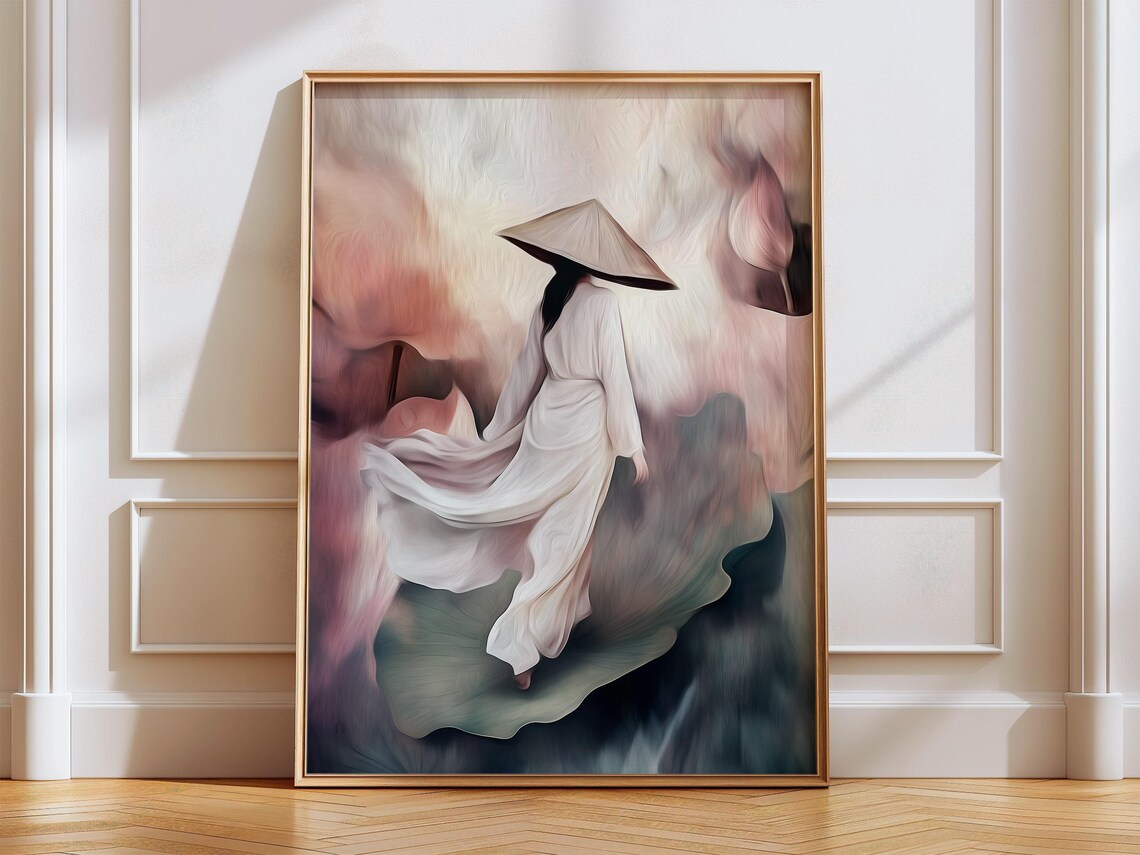 Dreamy Woman in Conical Hat Misty Pink Abstract Oil Painting Poster