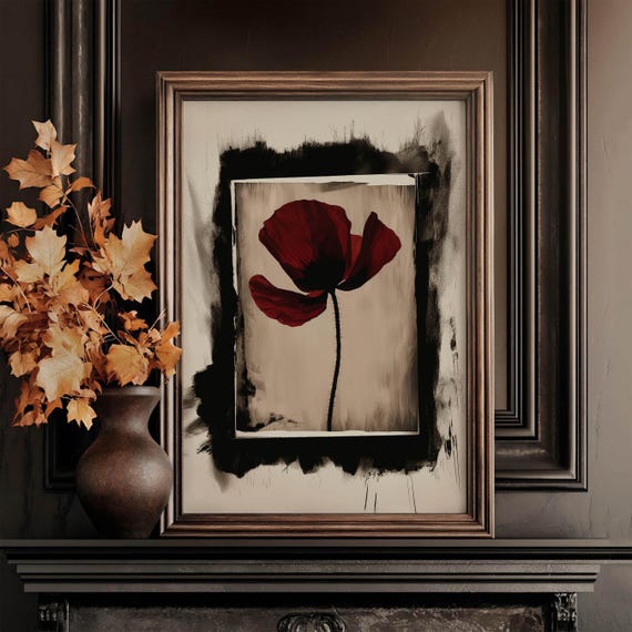 Autumnal Art Print Pressed Poppy Painting Dark Moody Artwork Vintage Rustic Poster English French Cottage Beige Wall Decoration