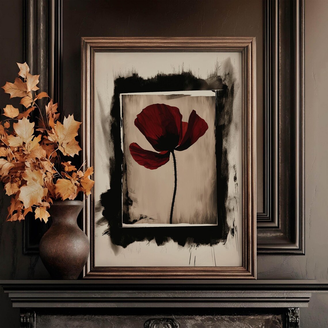 Red Poppy Sepia Moody Autumn Ink Wash Botanical Painting Poster