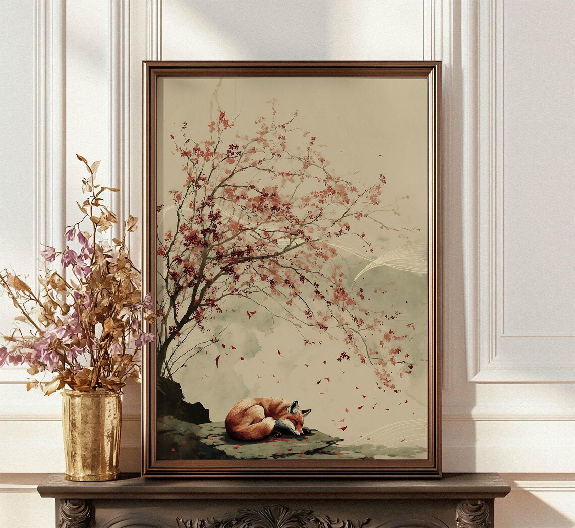 Fox Cherry Blossom Tree Art Print, Romantic Autumn