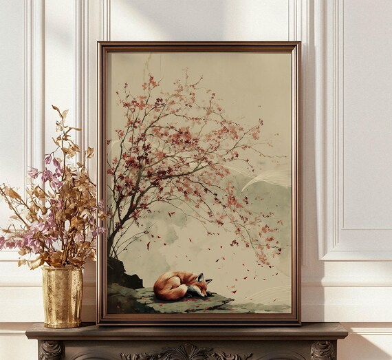 Fox Cherry Blossom Tree Art Print, Romantic Autumn