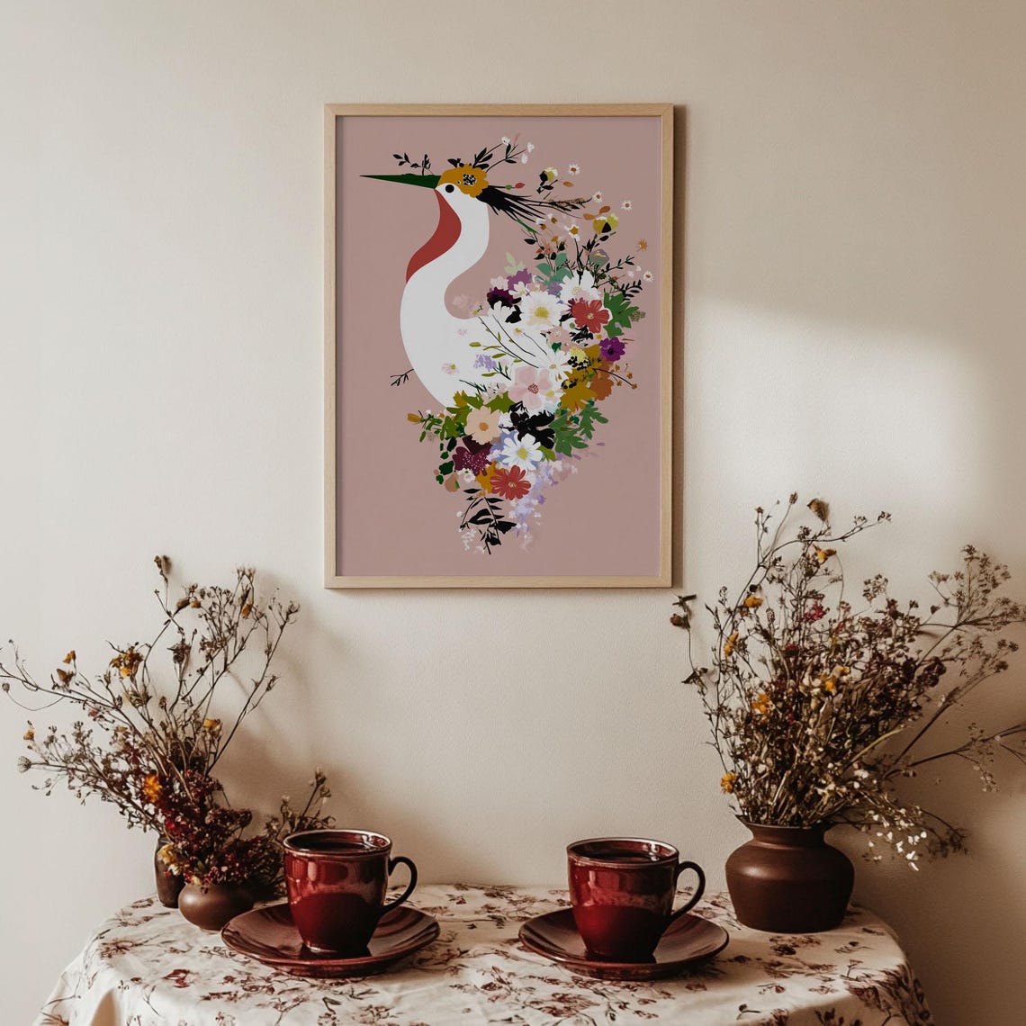 Crane Floral Silhouette Bouquet Pink Background Bird Art Poster - Image 2