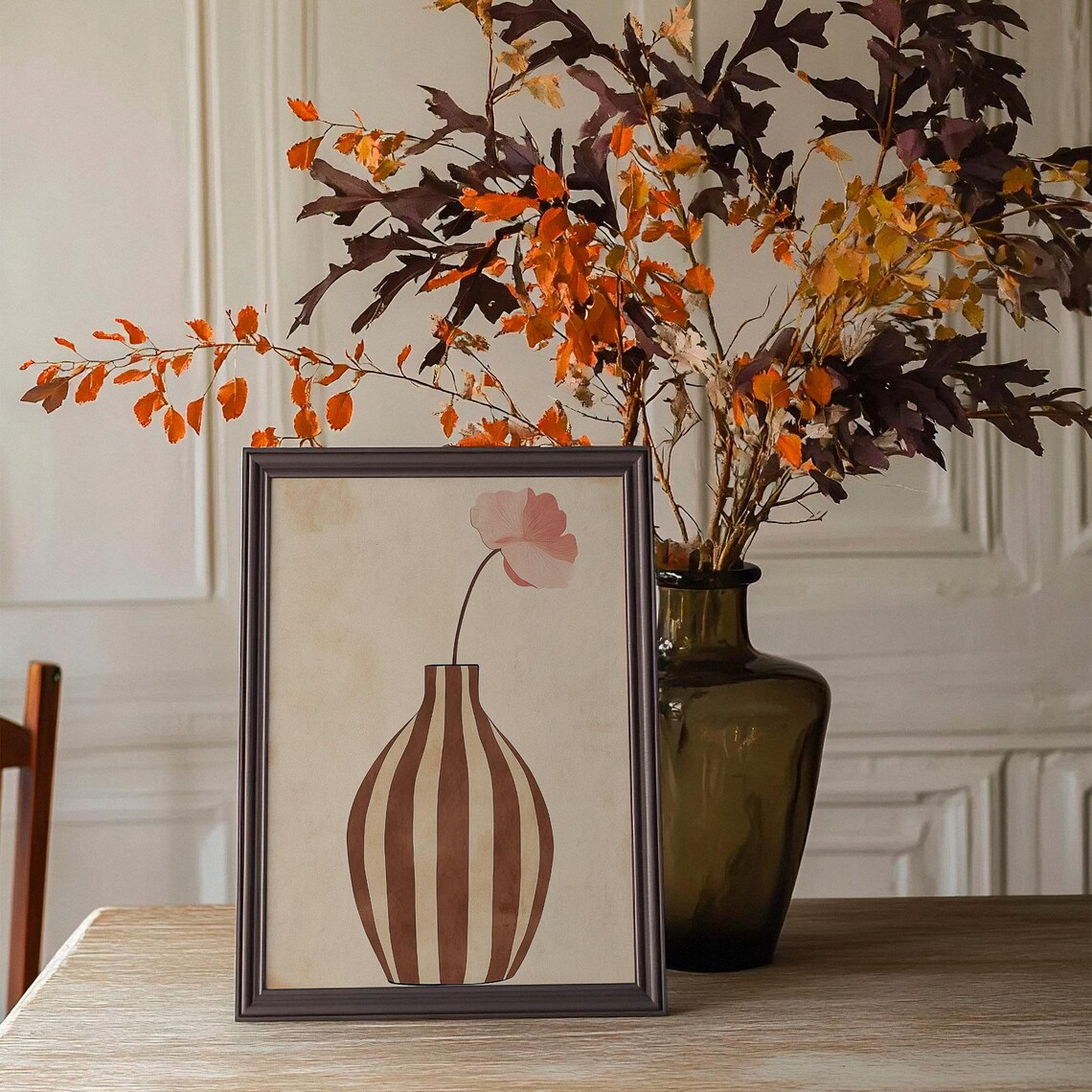 Striped Terracotta Vase with Pink Poppy Minimalist Art Poster - Image 4