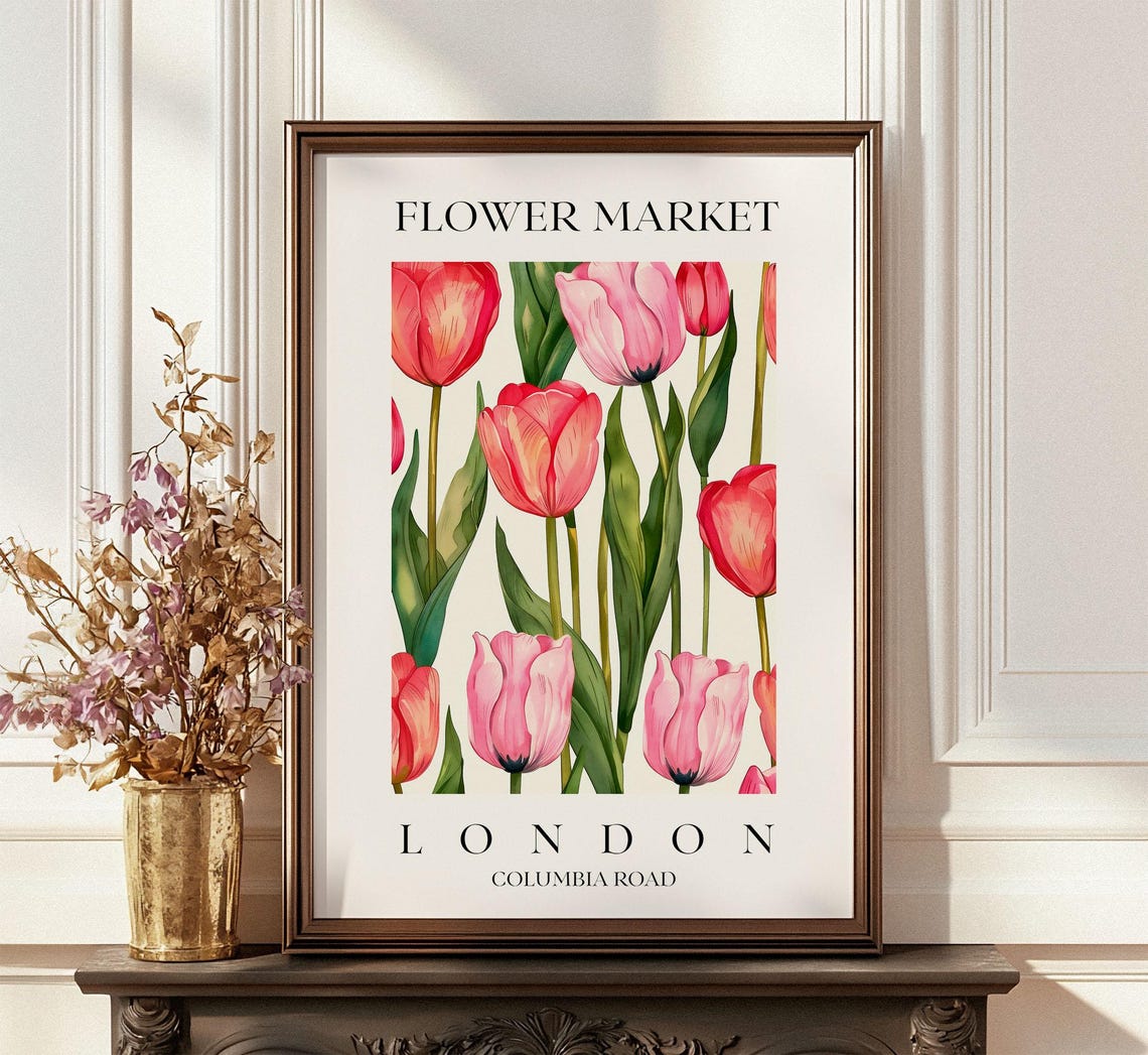 Tulip Flower Market London Print Graphic Pink Red Green Wall Art Columbia Road England Art Lifestyle Living Room Decor Bedroom Dutch Flower - Image 3