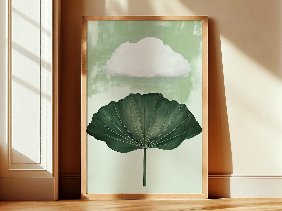 Green Water Lily Leaf With White Cloud Minimal Botanical Poster