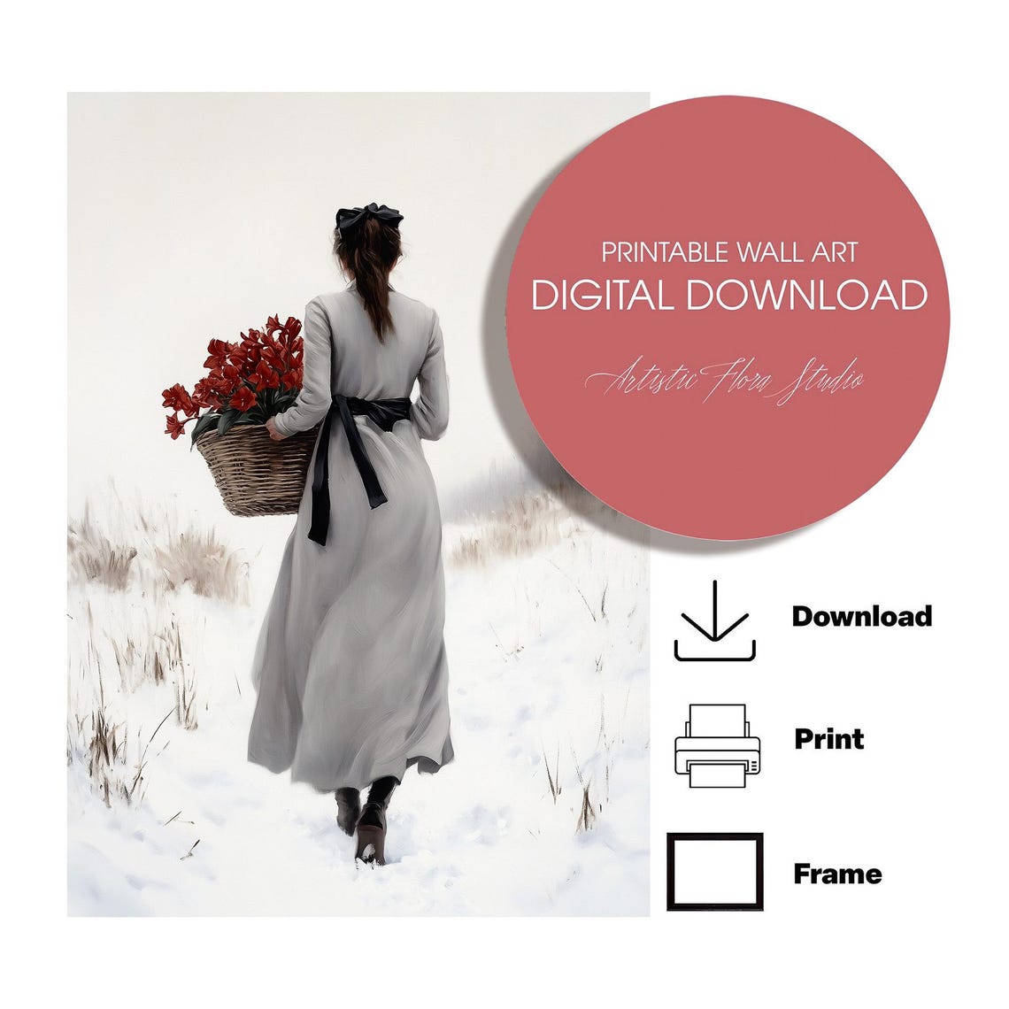 Elegant Christmas Wall Art Print Woman Walking With Amaryllis Flower Snow Scenery Art Print Country House Farmhouse Art Decor 169 - Image 3