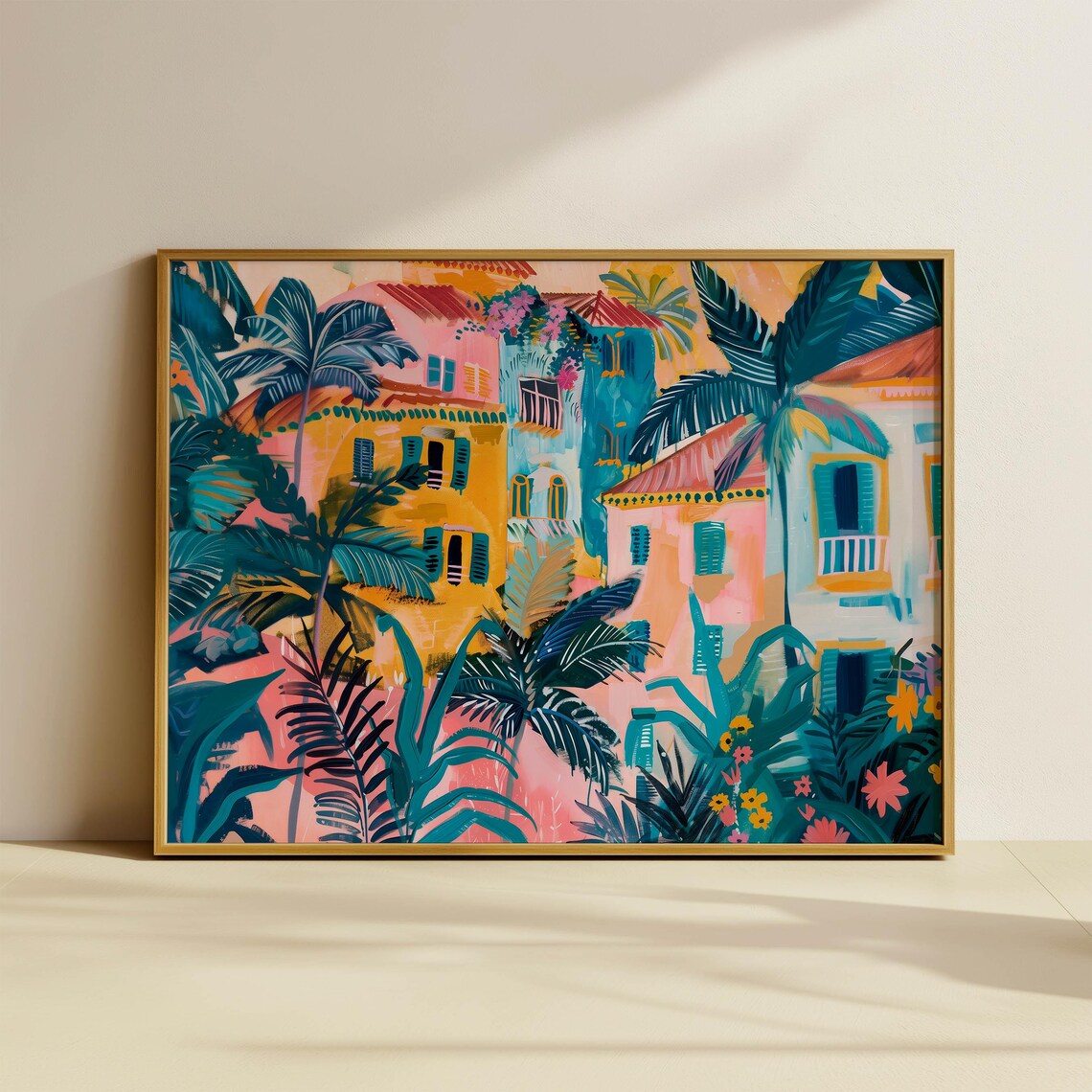 Tropical Mediterranean City Colorful Houses Palm Trees Travel Poster