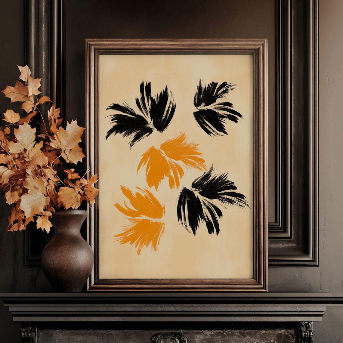 Black And Orange Brush Stroke Feather Shapes Abstract Art Poster - Image 4