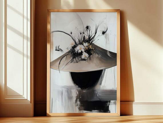 Conical Hat Painting Abstract Floral Illustration Dark Moody Wall Decor Asian Oriental Aesthetic Poster Art Home Decor 266