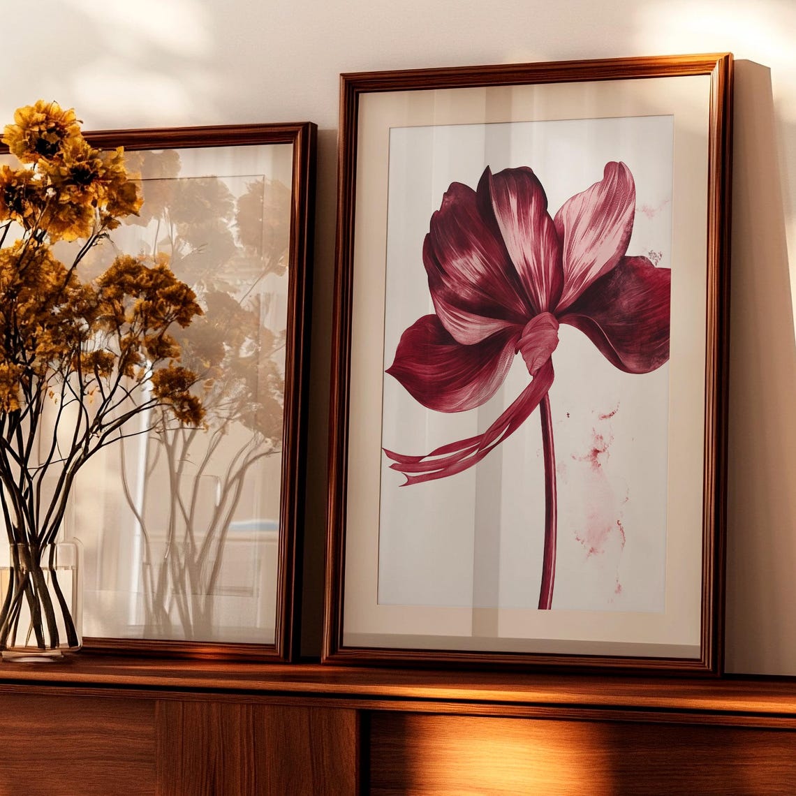 Burgundy Floral Blossom with Ribbon Botanical Watercolor Poster - Image 4