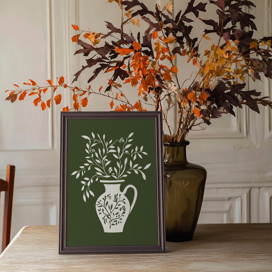 White Olive Branch Vase Silhouette Olive Green Minimalist Poster - Image 2