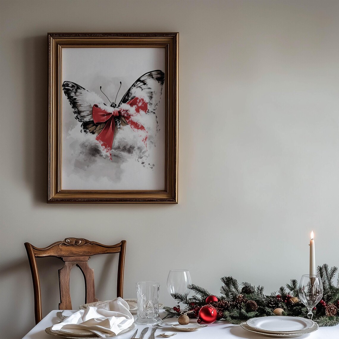 Butterfly With Red Bow Dusting Of Snow Winter Watercolor Art Poster - Image 4