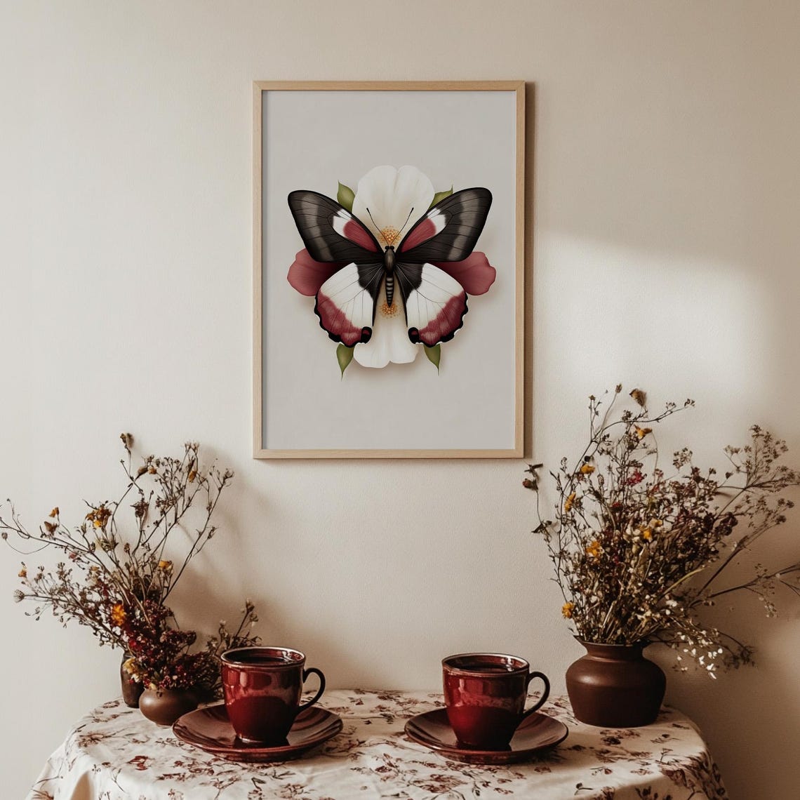 Burgundy Black White Butterfly White Flower Botanical Poster - Image 2