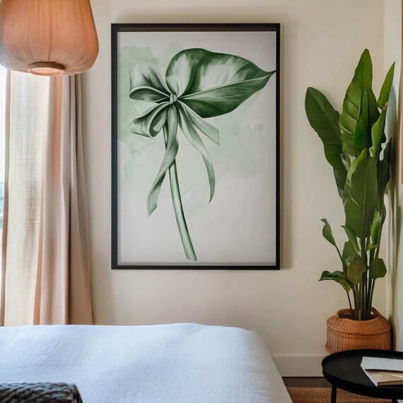 Preppy Bow Art Print Tropical Leaf Wall Art Large Botanical Poster Decor Mint Green Wall Art Pastel Elegant Gallery Wall 271