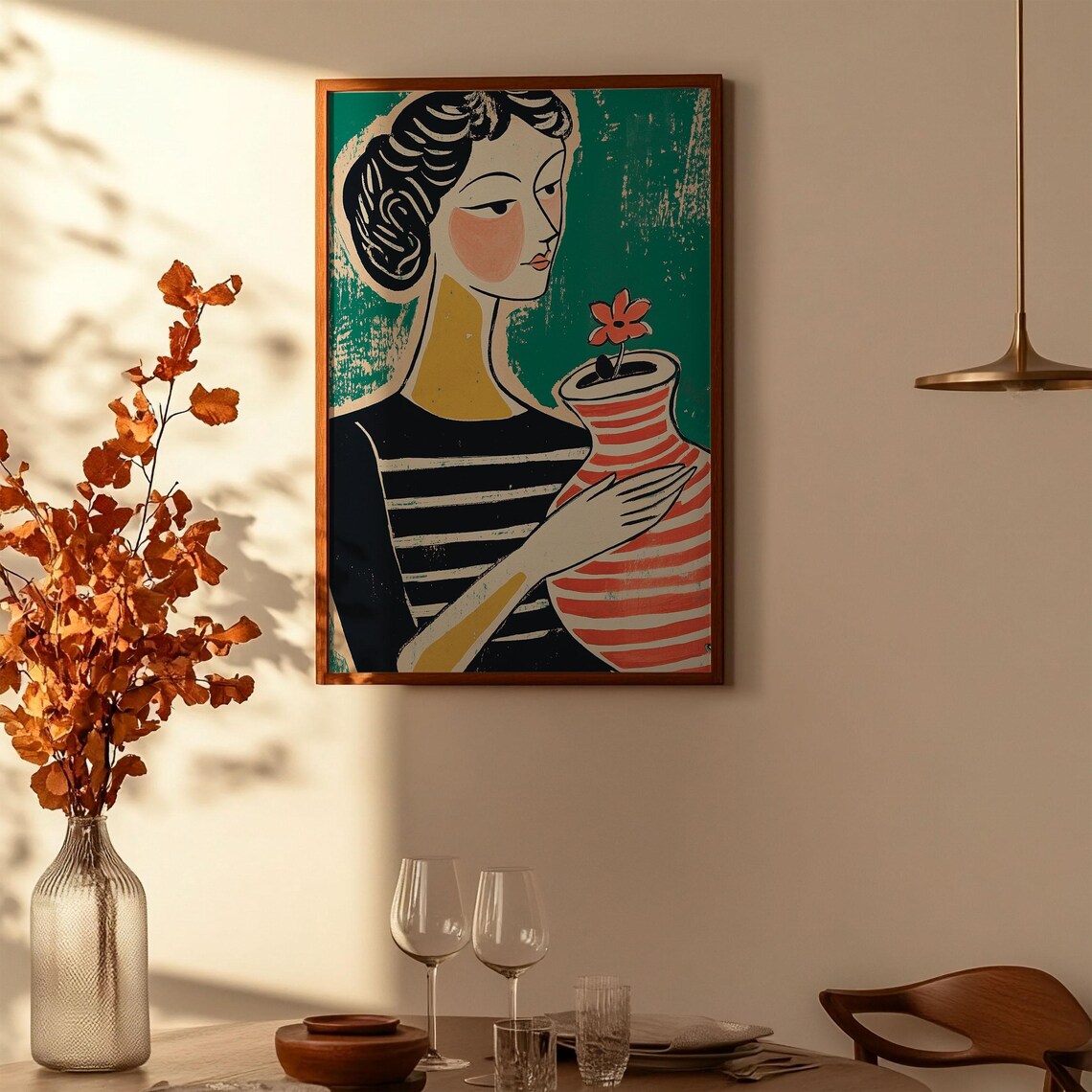 Woman In Breton Stripe Top Holding Coral Striped Flower Vase Poster - Image 2