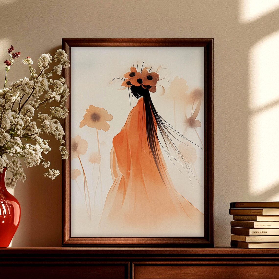 Japanese Woman Orange Kimono Watercolor Portrait Floral Art Poster - Image 2