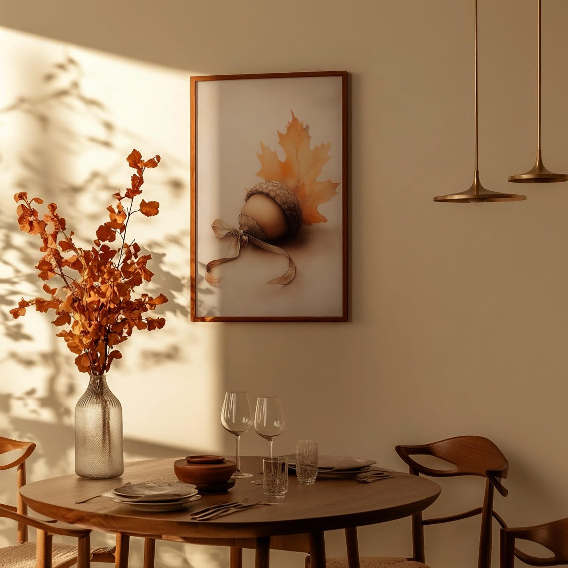 Minimalist Acorn and Maple Leaf Autumn Botanical Illustration Poster - Image 3