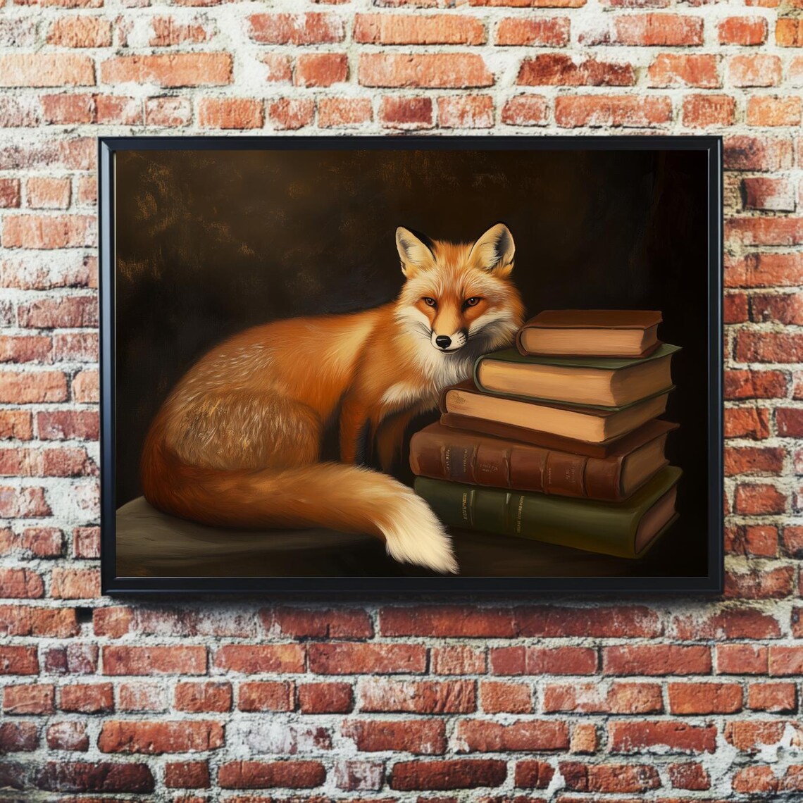 Red Fox Resting Beside Stack of Old Books Dark Academia Poster