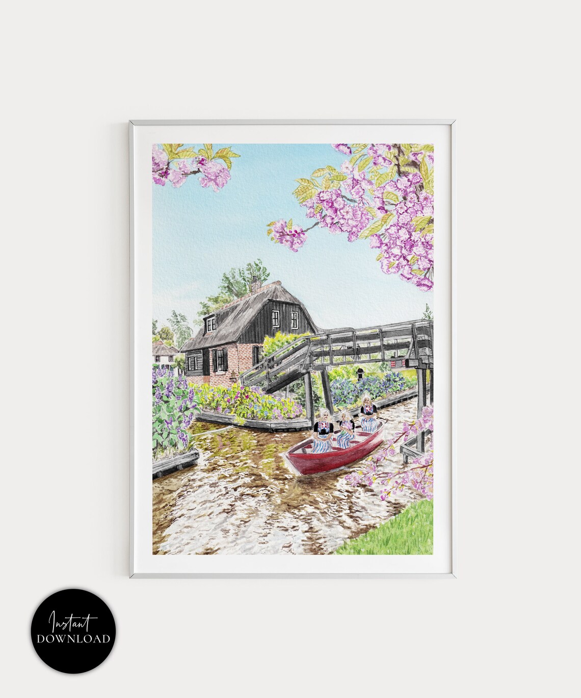 Giethoorn Netherlands Canal Red Boat Village Watercolor Poster